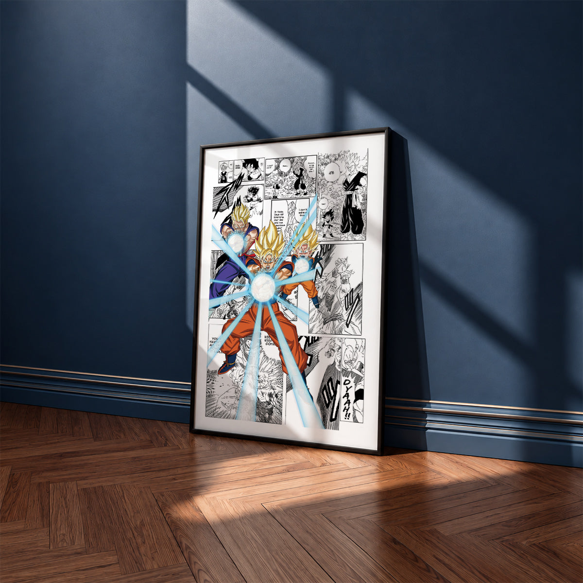 Son Goku, Gohan and Goten Family Kamehameha manga poster inspired by Dragon Ball in a black frame against a navy blue wall