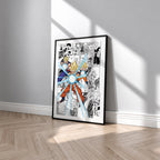 Son Goku, Gohan and Goten Family Kamehameha manga poster inspired by Dragon Ball in a black frame against a light gray wall