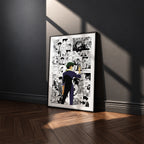 Spike Spiegel manga poster inspired by Cowboy Bebop in a black frame against a charcoal gray wall