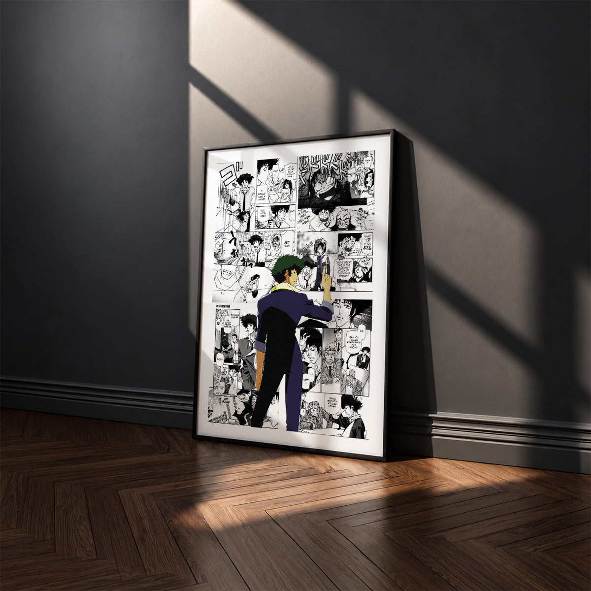 Spike Spiegel manga poster inspired by Cowboy Bebop in a black frame against a charcoal gray wall