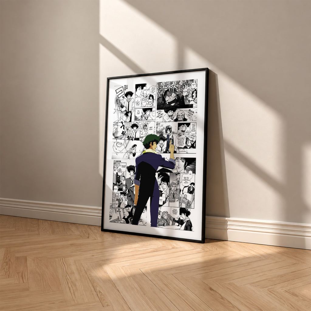 Spike Spiegel manga poster inspired by Cowboy Bebop in a black frame against a warm beige wall