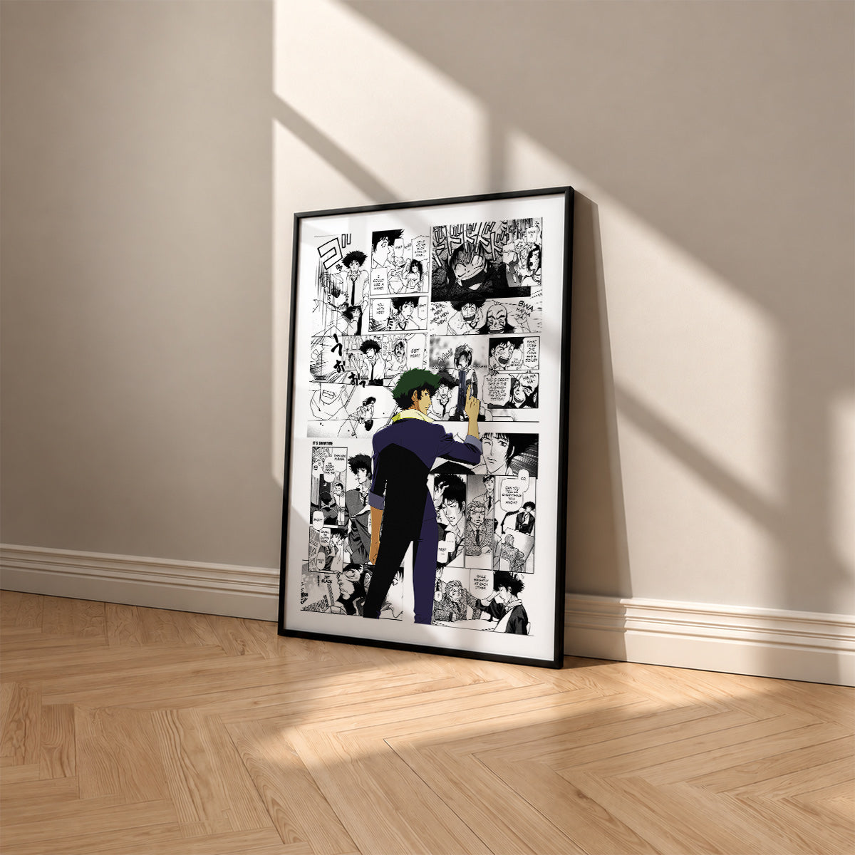 Spike Spiegel manga poster inspired by Cowboy Bebop in a black frame against a warm beige wall