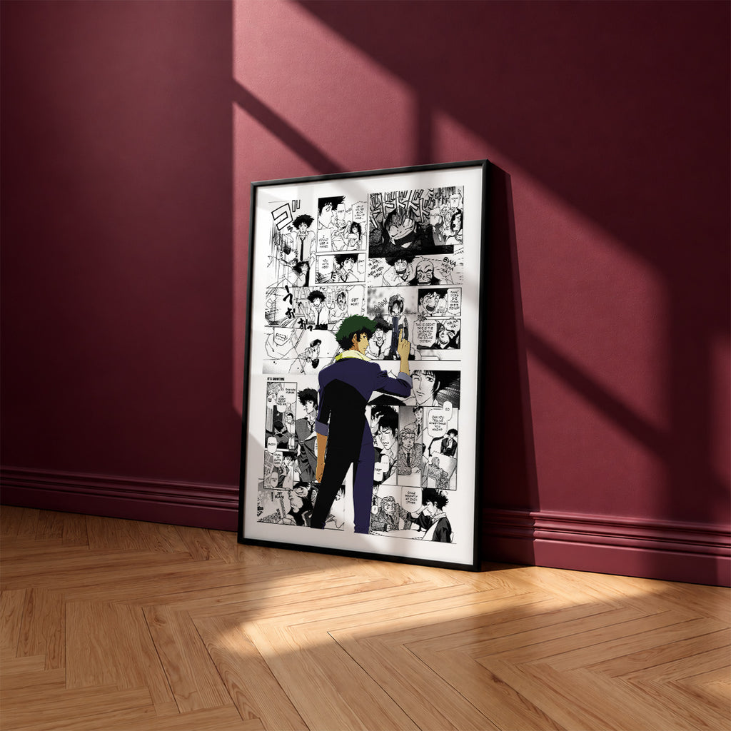 Spike Spiegel manga poster inspired by Cowboy Bebop in a black frame against a burgundy wall