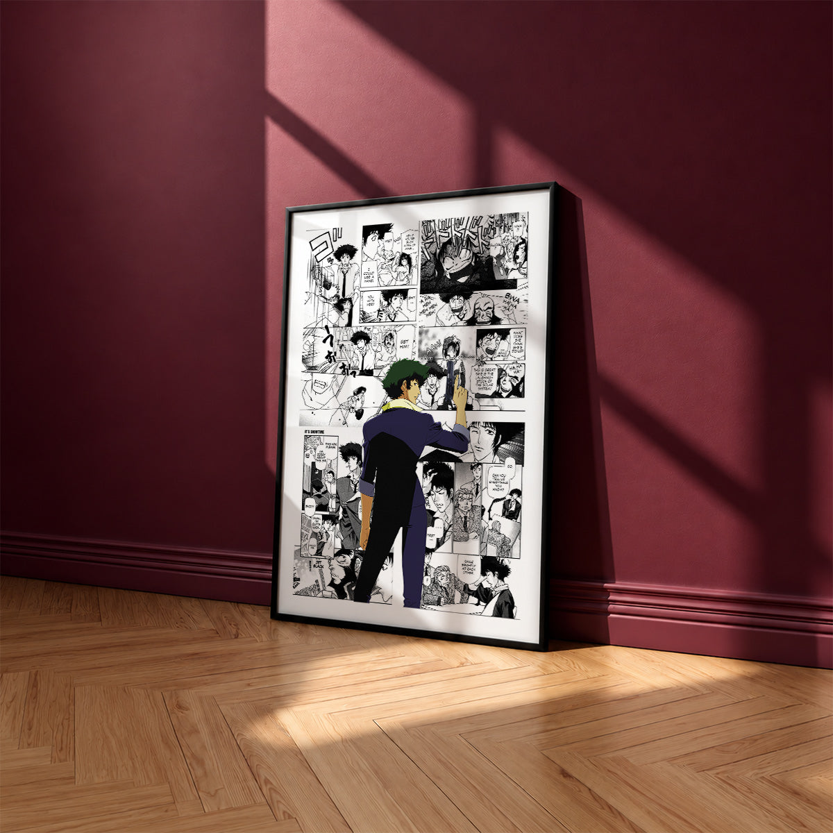 Spike Spiegel manga poster inspired by Cowboy Bebop in a black frame against a burgundy wall