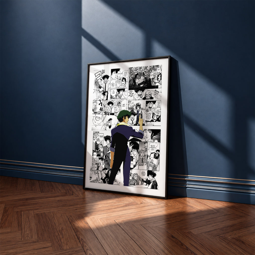 Spike Spiegel manga poster inspired by Cowboy Bebop in a black frame against a navy blue wall
