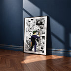 Spike Spiegel manga poster inspired by Cowboy Bebop in a black frame against a navy blue wall