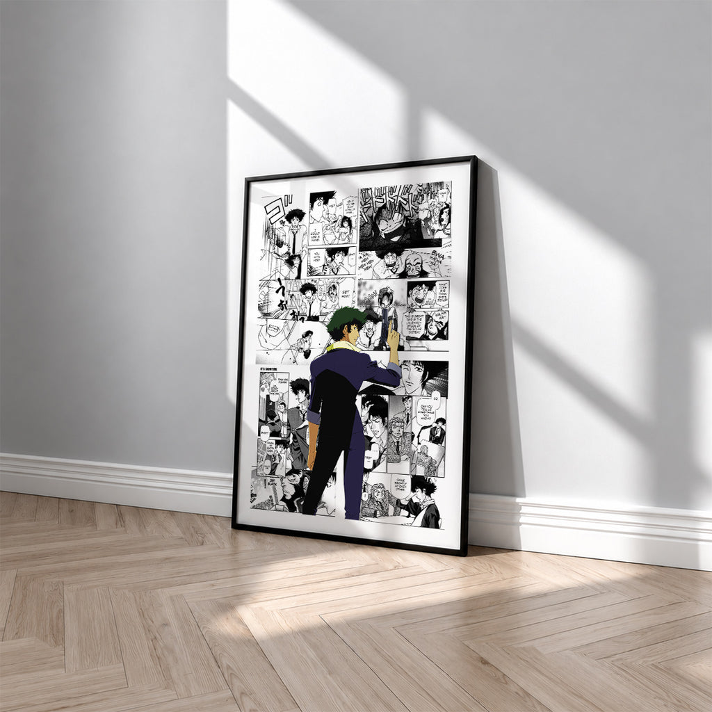 Spike Spiegel manga poster inspired by Cowboy Bebop in a black frame against a light gray wall