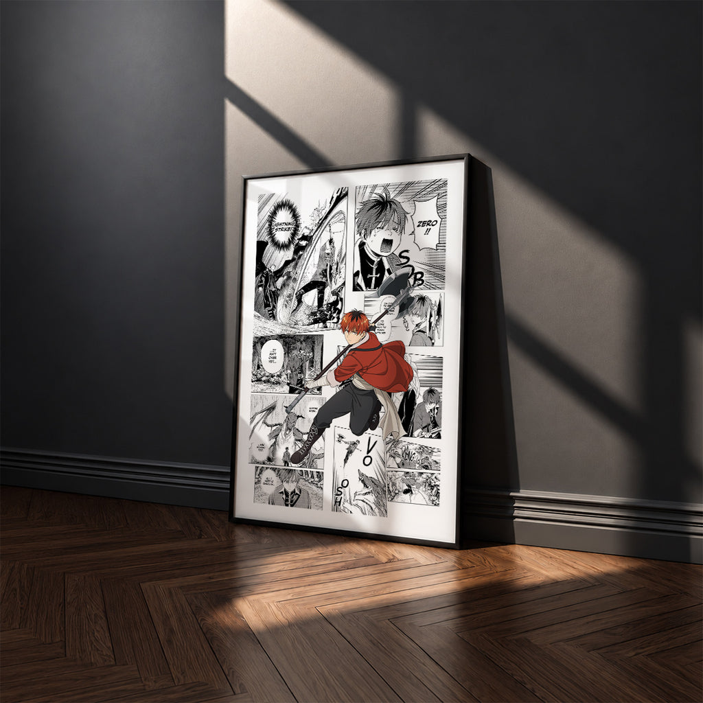Stark manga poster inspired by Frieren in a black frame against a charcoal gray wall