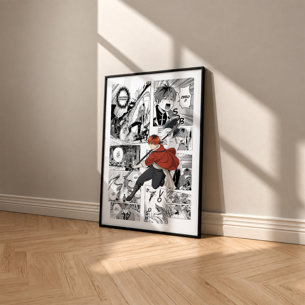 Stark manga poster inspired by Frieren in a black frame against a warm beige wall