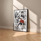 Stark manga poster inspired by Frieren in a black frame against a warm beige wall