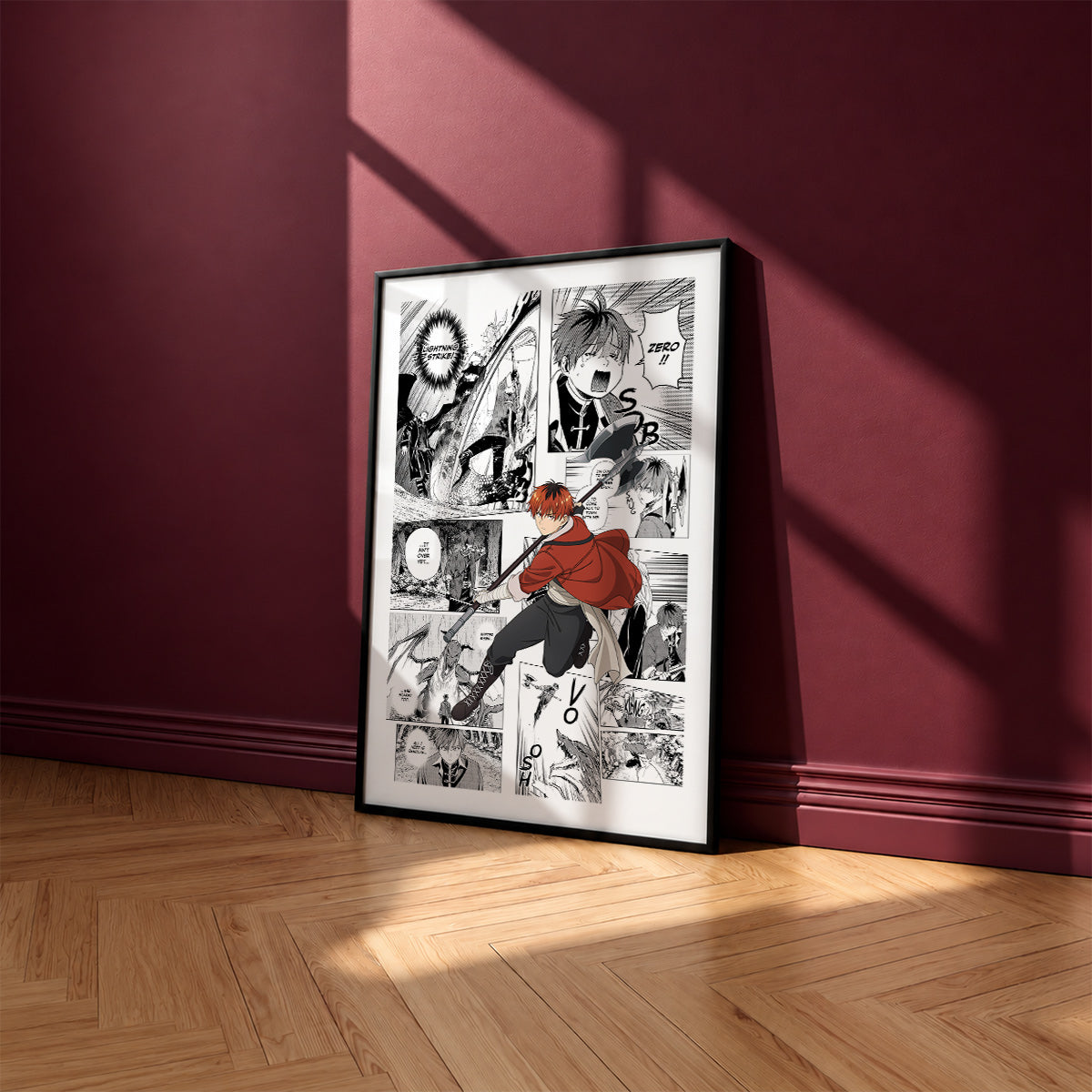 Stark manga poster inspired by Frieren in a black frame against a burgundy wall