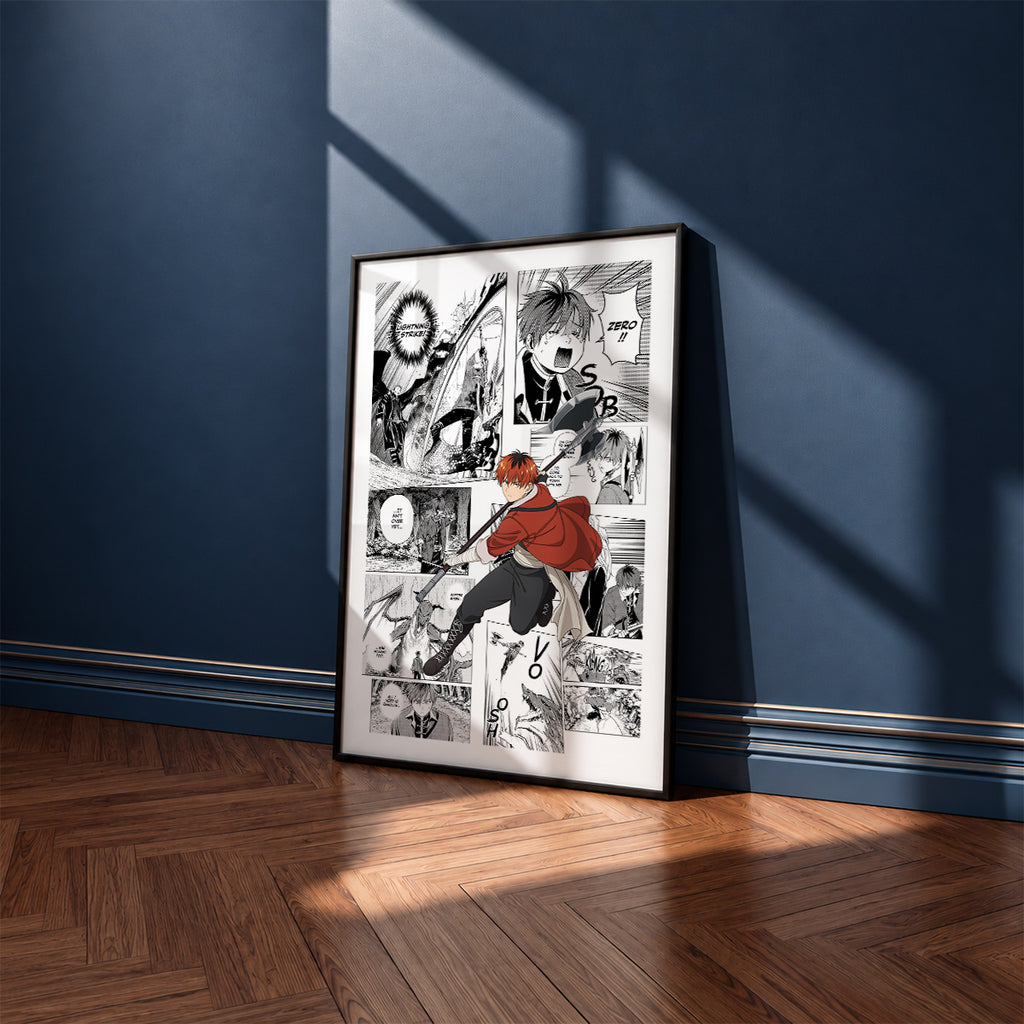 Stark manga poster inspired by Frieren in a black frame against a navy blue wall