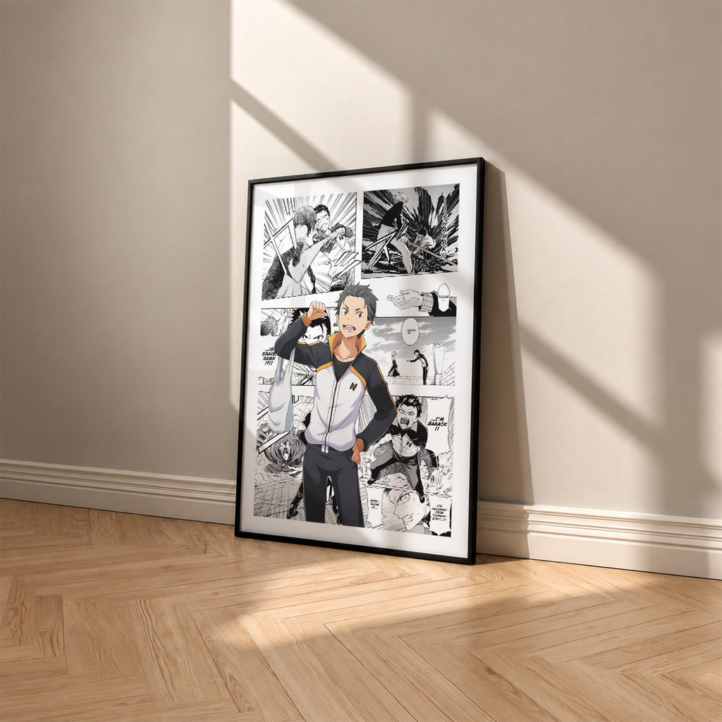 Subaru Natsuki manga poster inspired by Re:Zero in a black frame against a warm beige wall