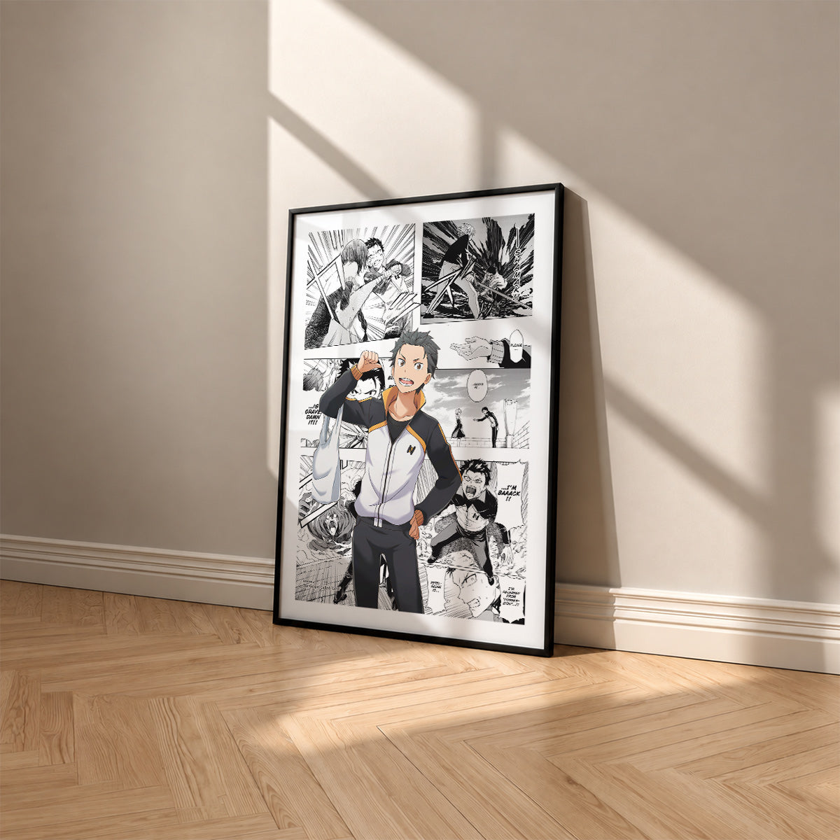 Subaru Natsuki manga poster inspired by Re:Zero in a black frame against a warm beige wall