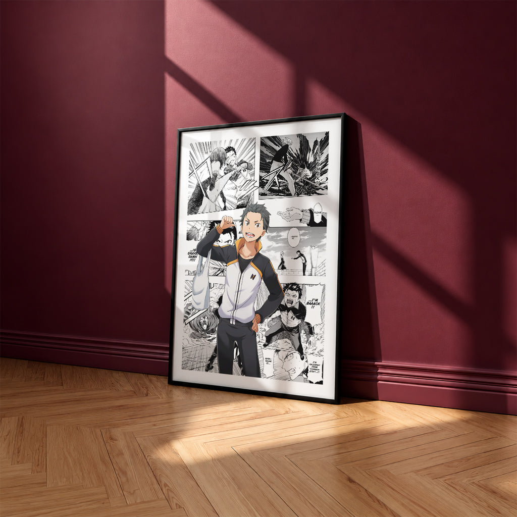 Subaru Natsuki manga poster inspired by Re:Zero in a black frame against a burgundy wall
