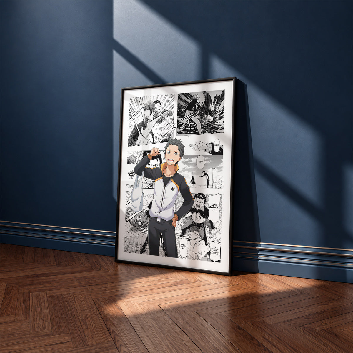 Subaru Natsuki manga poster inspired by Re:Zero in a black frame against a navy blue wall