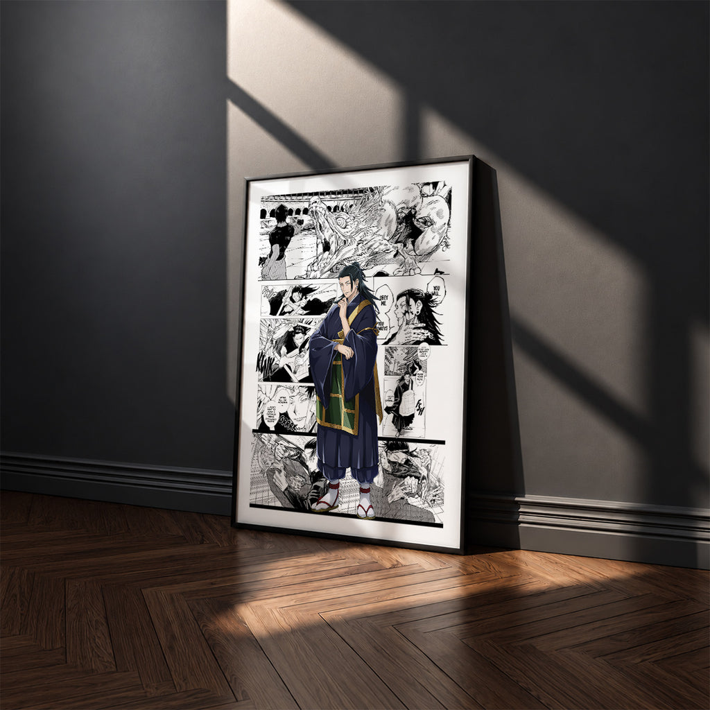 Suguru Geto manga poster inspired by Jujutsu Kaisen in a black frame against a charcoal gray wall