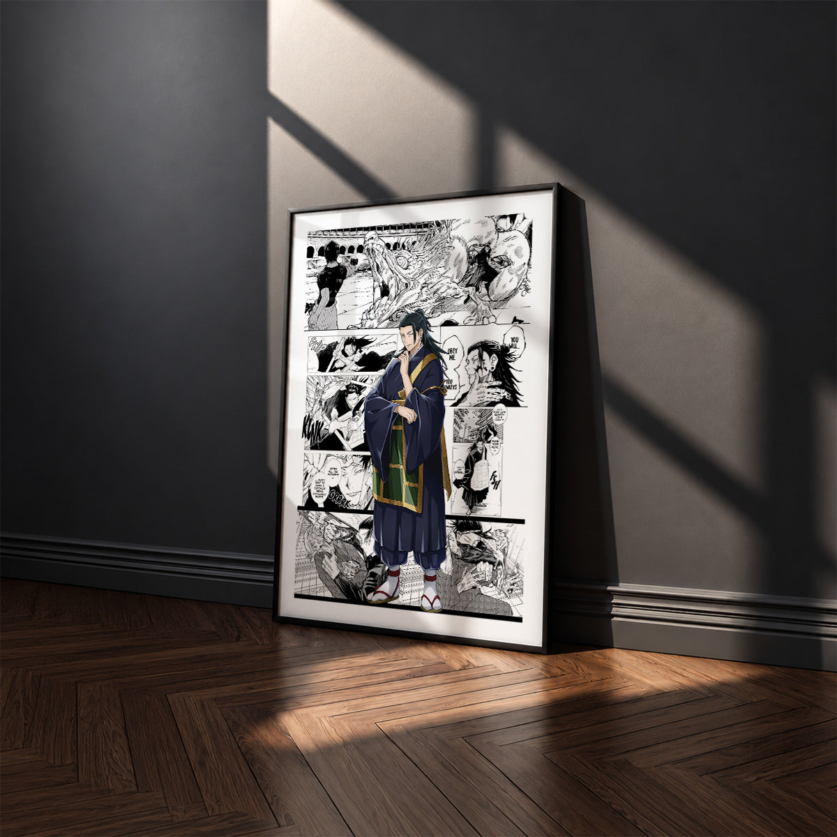 Suguru Geto manga poster inspired by Jujutsu Kaisen in a black frame against a charcoal gray wall