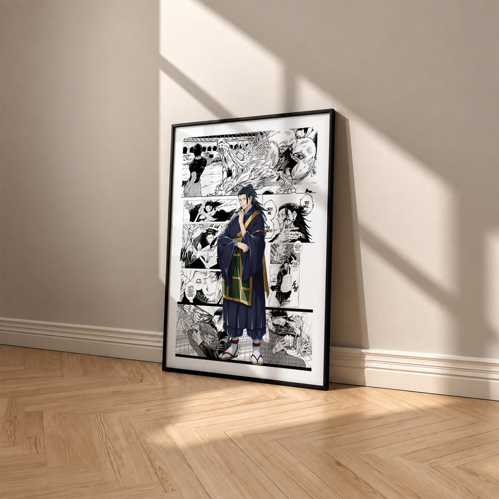 Suguru Geto manga poster inspired by Jujutsu Kaisen in a black frame against a warm beige wall