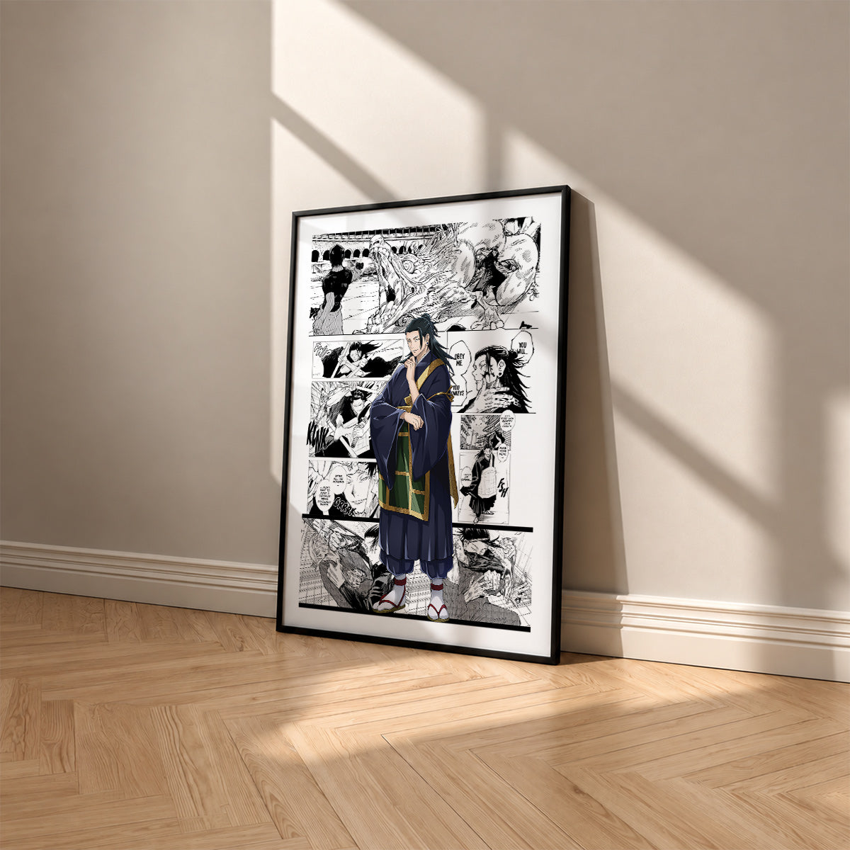 Suguru Geto manga poster inspired by Jujutsu Kaisen in a black frame against a warm beige wall