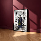 Suguru Geto manga poster inspired by Jujutsu Kaisen in a black frame against a burgundy wall