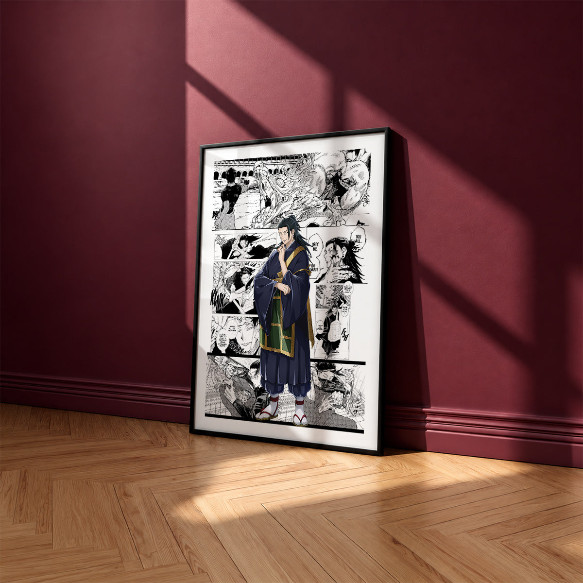 Suguru Geto manga poster inspired by Jujutsu Kaisen in a black frame against a burgundy wall