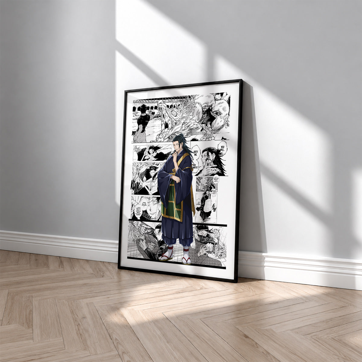 Suguru Geto manga poster inspired by Jujutsu Kaisen in a black frame against a light gray wall