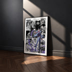 Sung Jinwoo Dual Daggers manga poster inspired by Solo Leveling in a black frame against a charcoal gray wall
