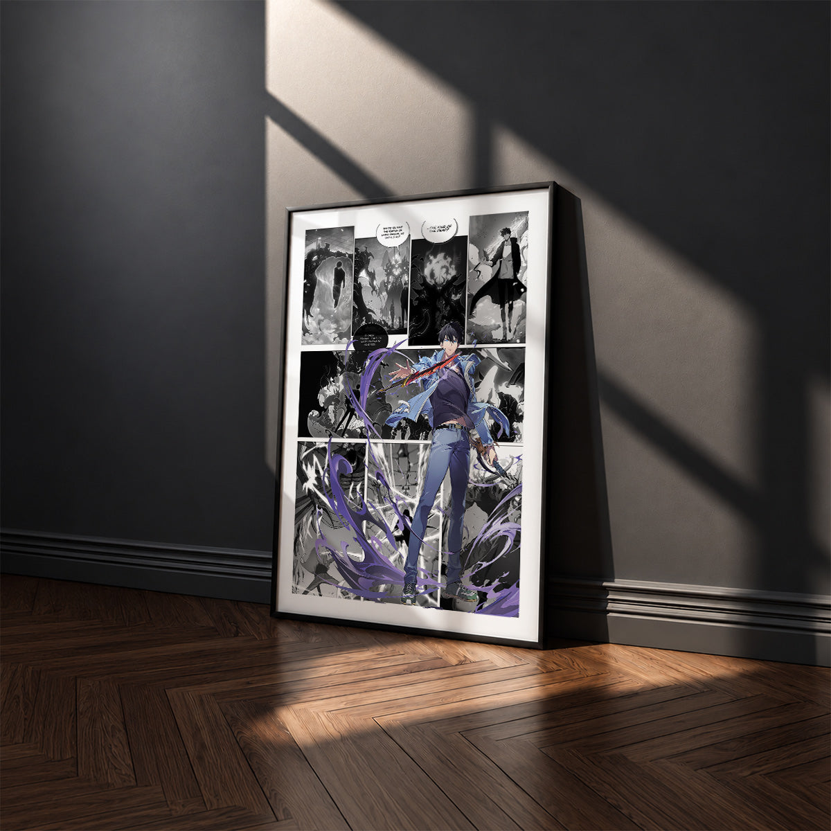 Sung Jinwoo Dual Daggers manga poster inspired by Solo Leveling in a black frame against a charcoal gray wall