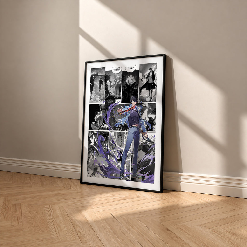 Sung Jinwoo Dual Daggers manga poster inspired by Solo Leveling in a black frame against a warm beige wall