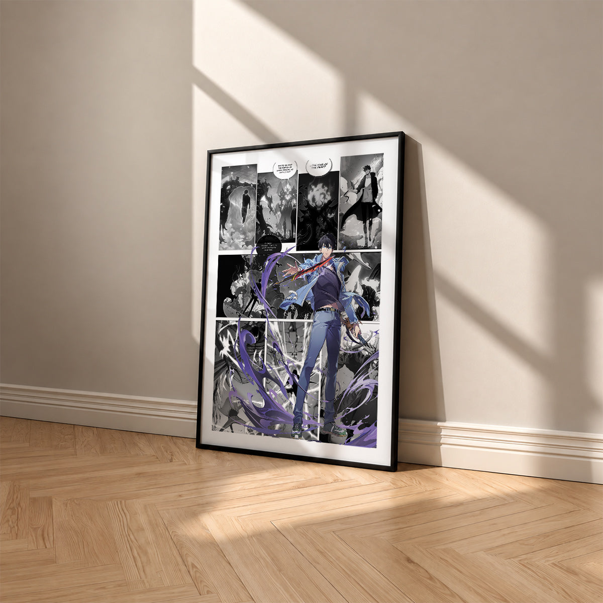 Sung Jinwoo Dual Daggers manga poster inspired by Solo Leveling in a black frame against a warm beige wall