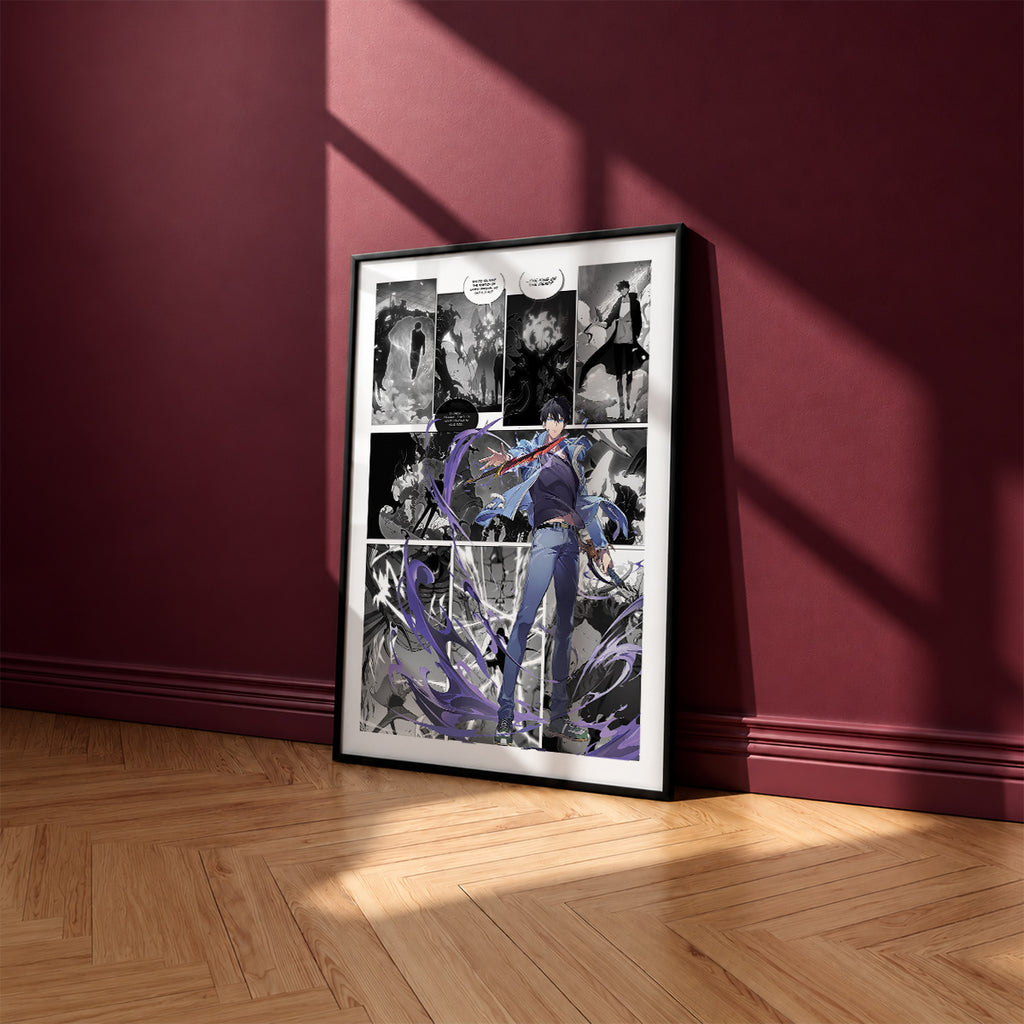 Sung Jinwoo Dual Daggers manga poster inspired by Solo Leveling in a black frame against a burgundy wall