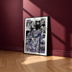 Sung Jinwoo Dual Daggers manga poster inspired by Solo Leveling in a black frame against a burgundy wall
