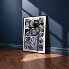 Sung Jinwoo Dual Daggers manga poster inspired by Solo Leveling in a black frame against a navy blue wall