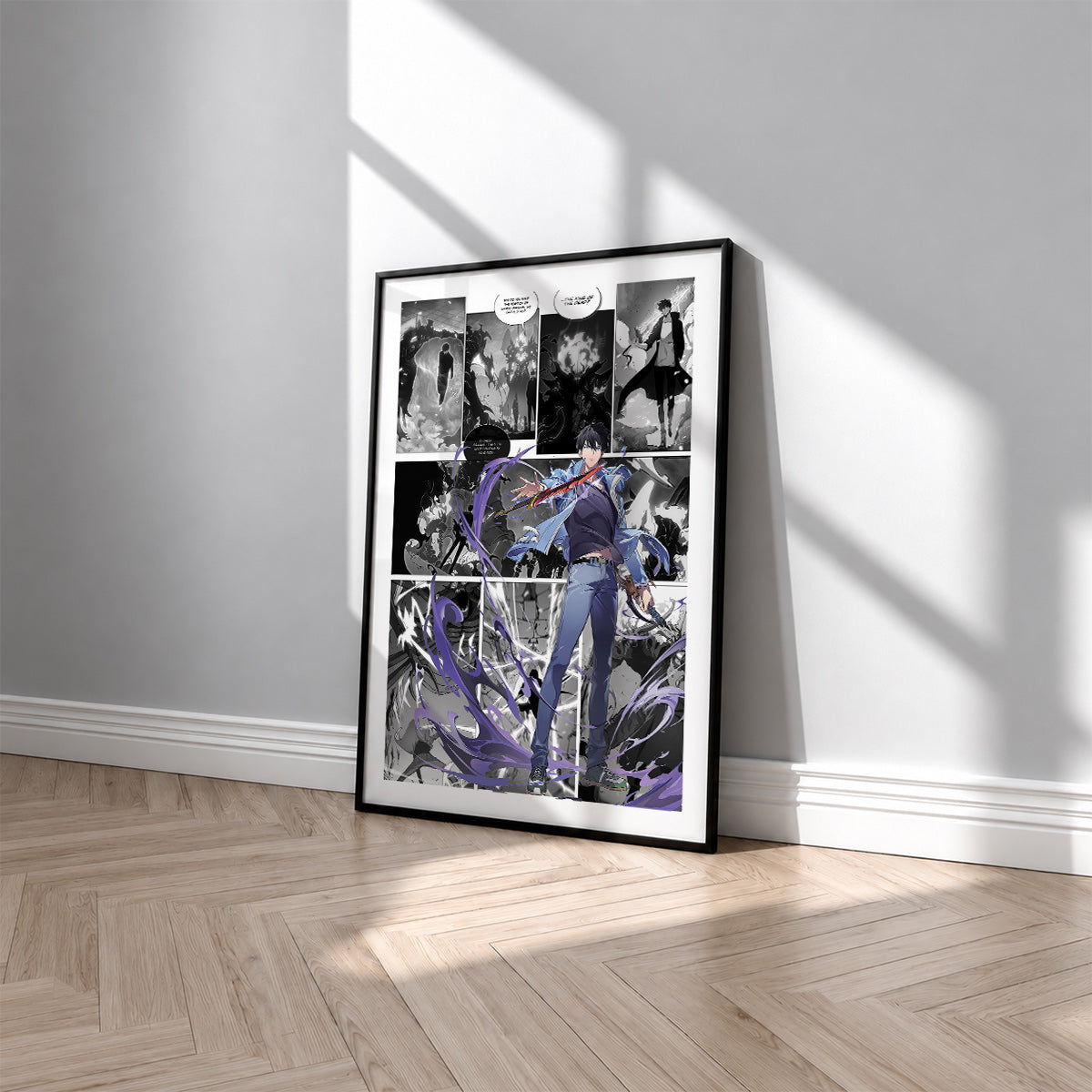 Sung Jinwoo Dual Daggers manga poster inspired by Solo Leveling in a black frame against a light gray wall