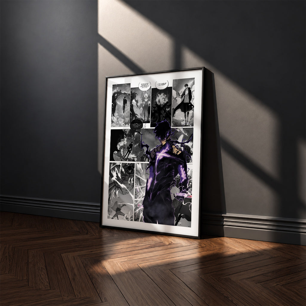 Sung Jinwoo Shadow Monarch manga poster inspired by Solo Leveling in a black frame against a charcoal gray wall