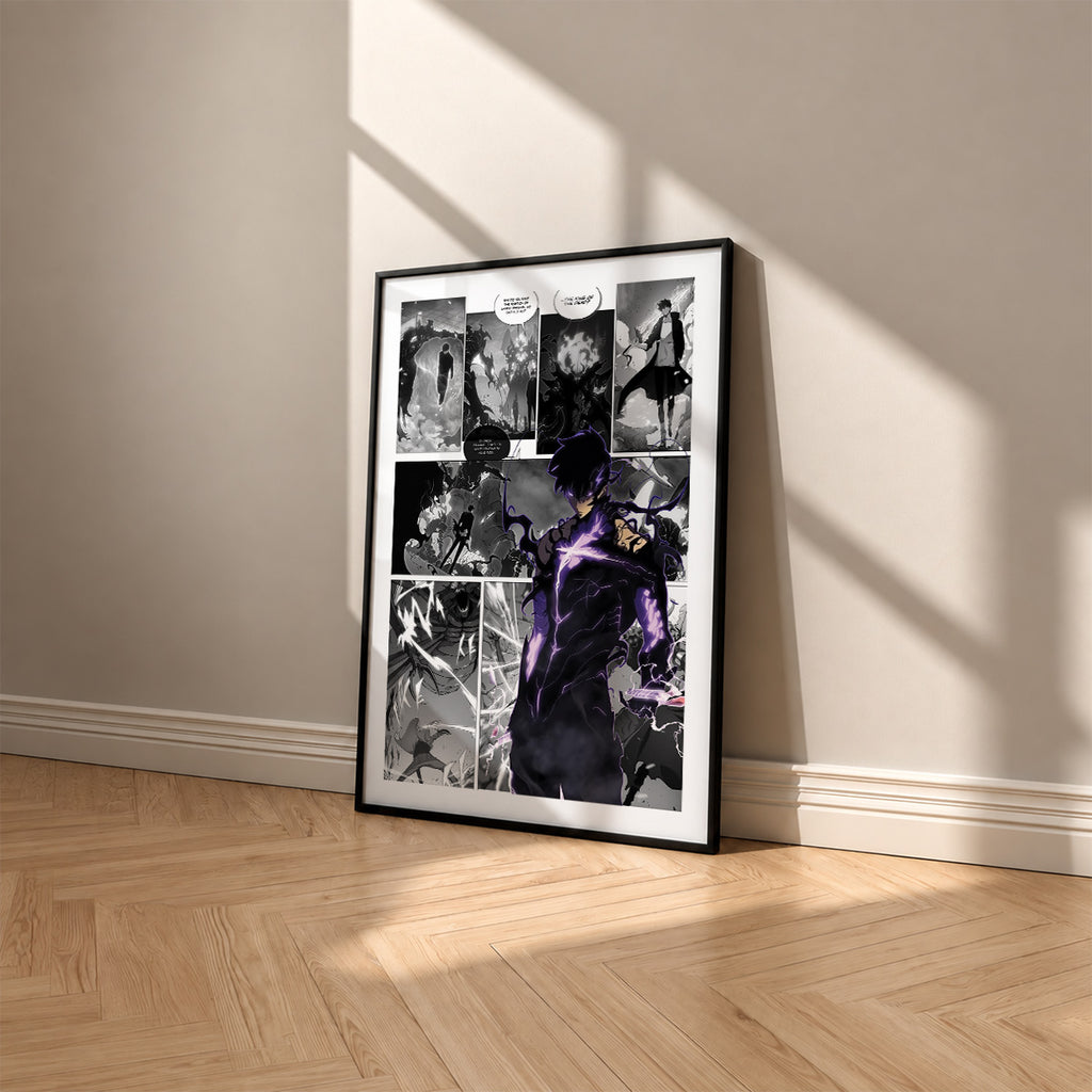 Sung Jinwoo Shadow Monarch manga poster inspired by Solo Leveling in a black frame against a warm beige wall
