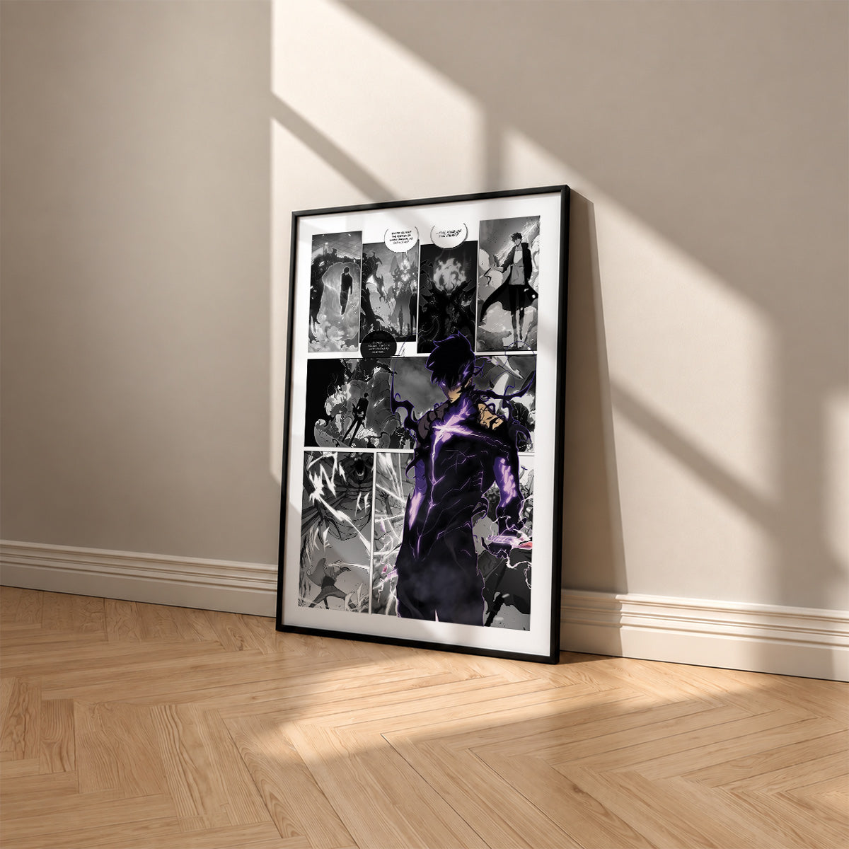 Sung Jinwoo Shadow Monarch manga poster inspired by Solo Leveling in a black frame against a warm beige wall