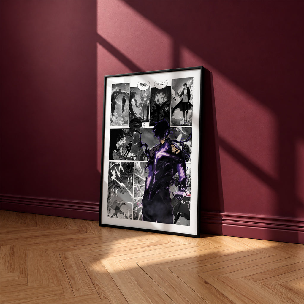 Sung Jinwoo Shadow Monarch manga poster inspired by Solo Leveling in a black frame against a burgundy wall