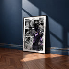 Sung Jinwoo Shadow Monarch manga poster inspired by Solo Leveling in a black frame against a navy blue wall