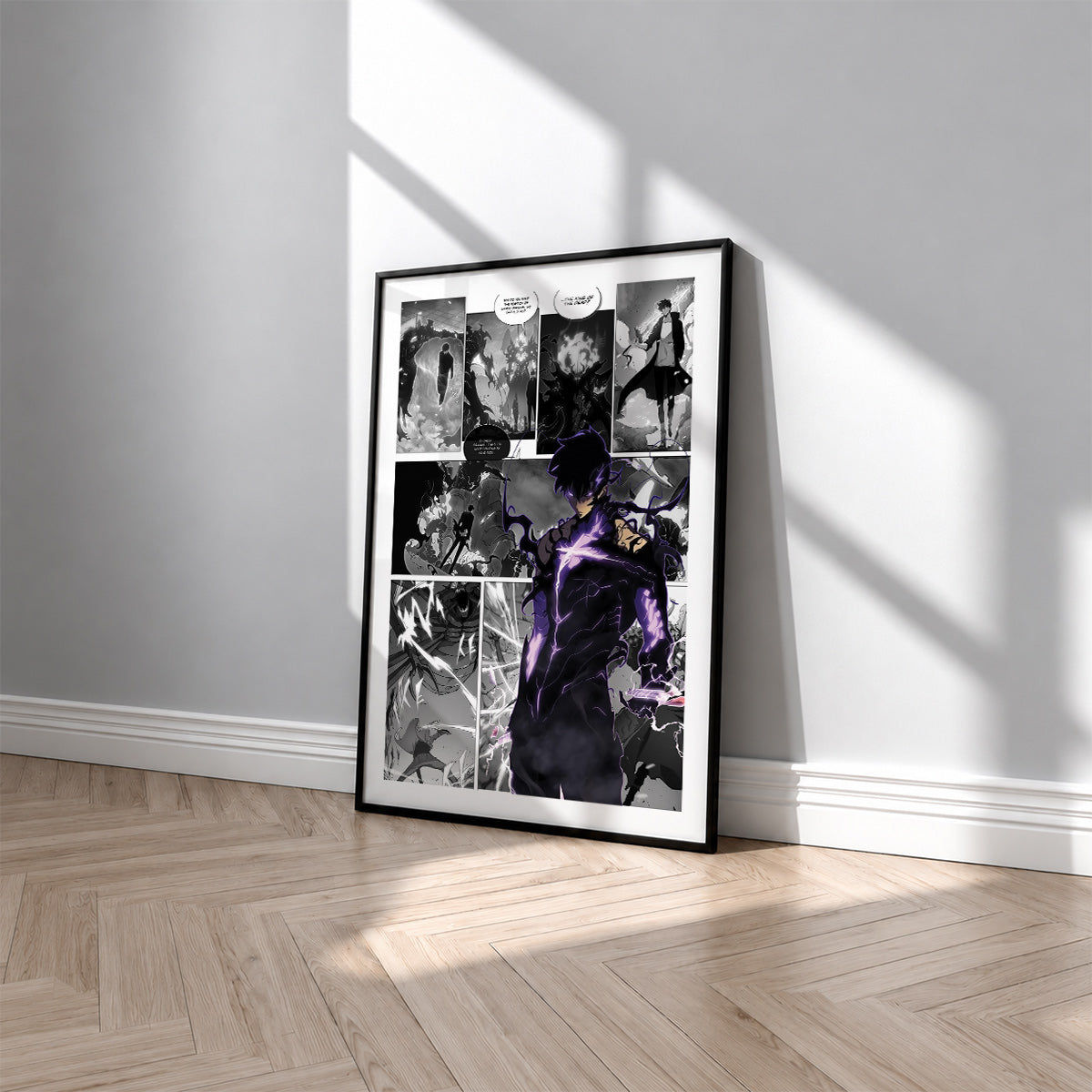 Sung Jinwoo Shadow Monarch manga poster inspired by Solo Leveling in a black frame against a light gray wall