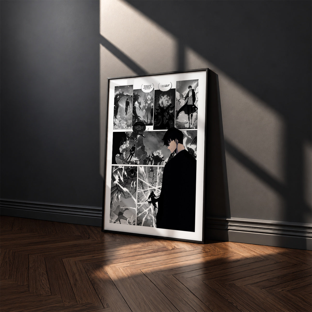 Sung Jinwoo manga poster inspired by Solo Leveling in a black frame against a charcoal gray wall