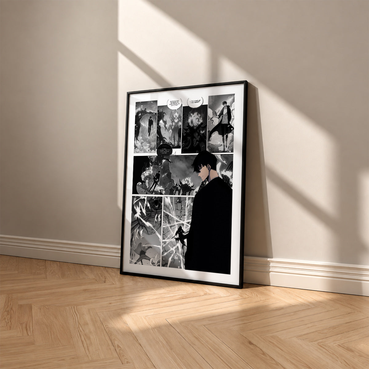Sung Jinwoo manga poster inspired by Solo Leveling in a black frame against a warm beige wall
