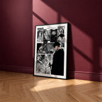 Sung Jinwoo manga poster inspired by Solo Leveling in a black frame against a burgundy wall