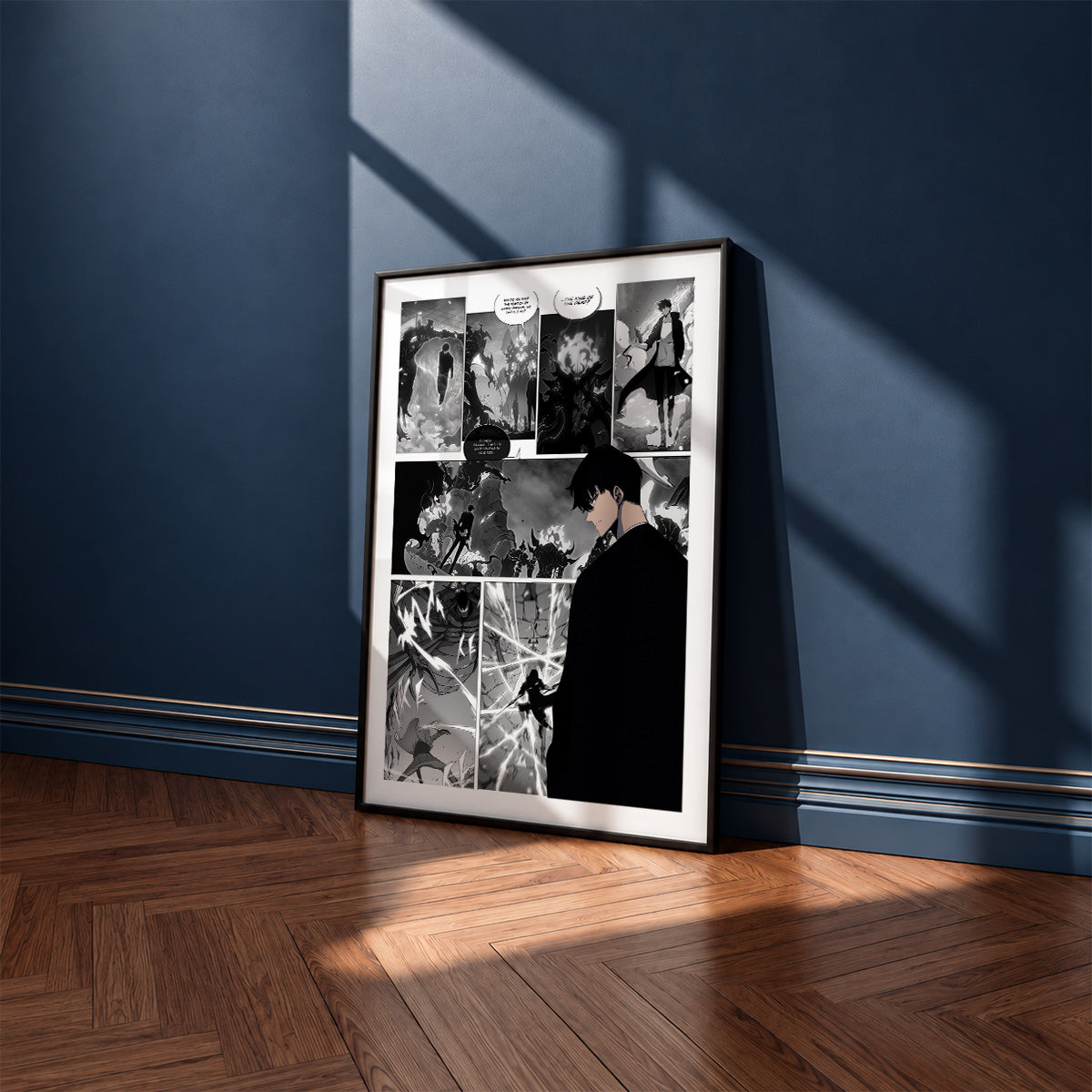 Sung Jinwoo manga poster inspired by Solo Leveling in a black frame against a navy blue wall