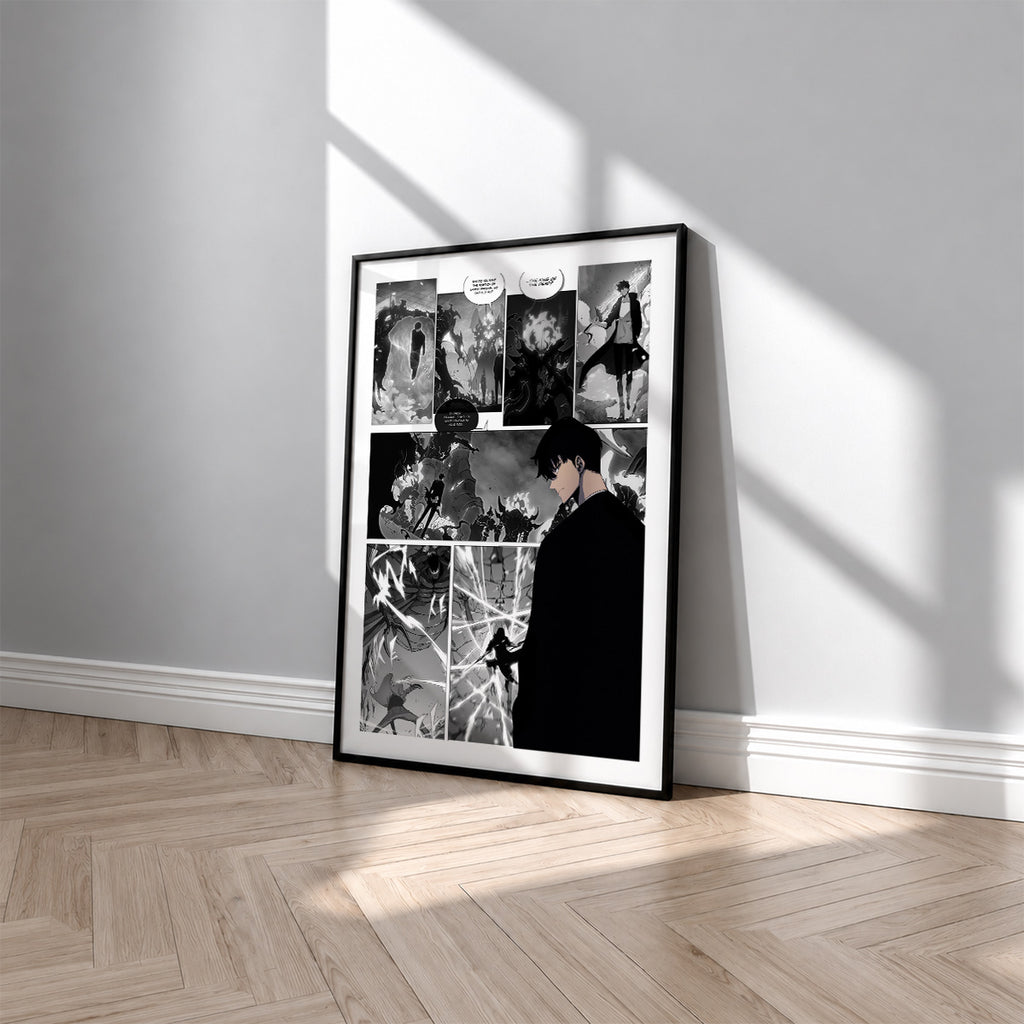 Sung Jinwoo manga poster inspired by Solo Leveling in a black frame against a light gray wall