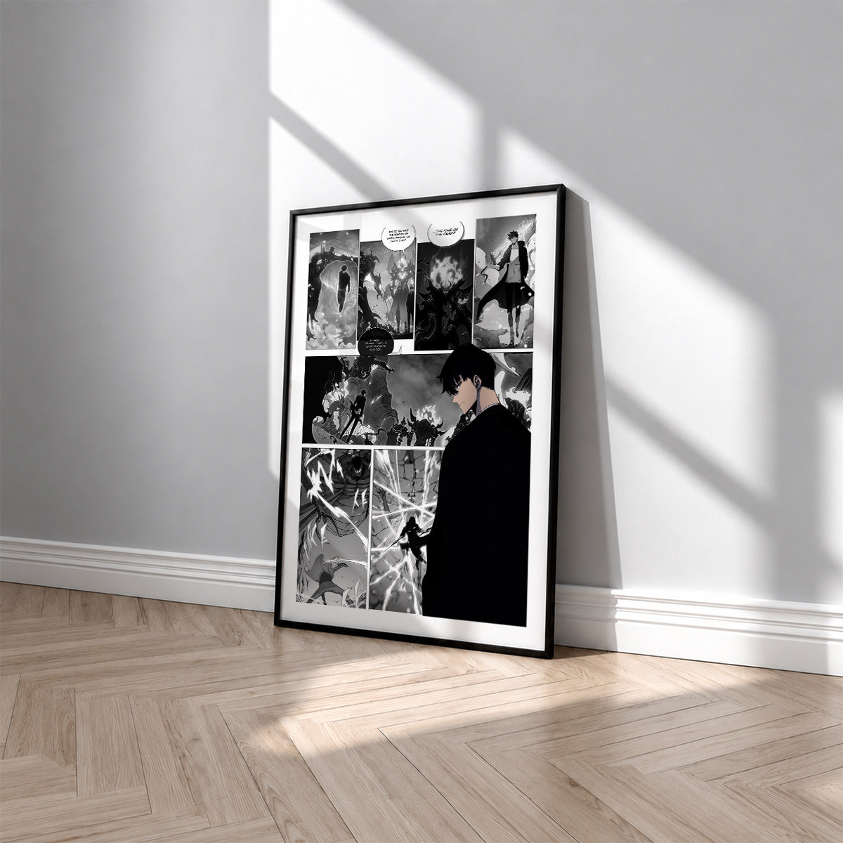 Sung Jinwoo manga poster inspired by Solo Leveling in a black frame against a light gray wall