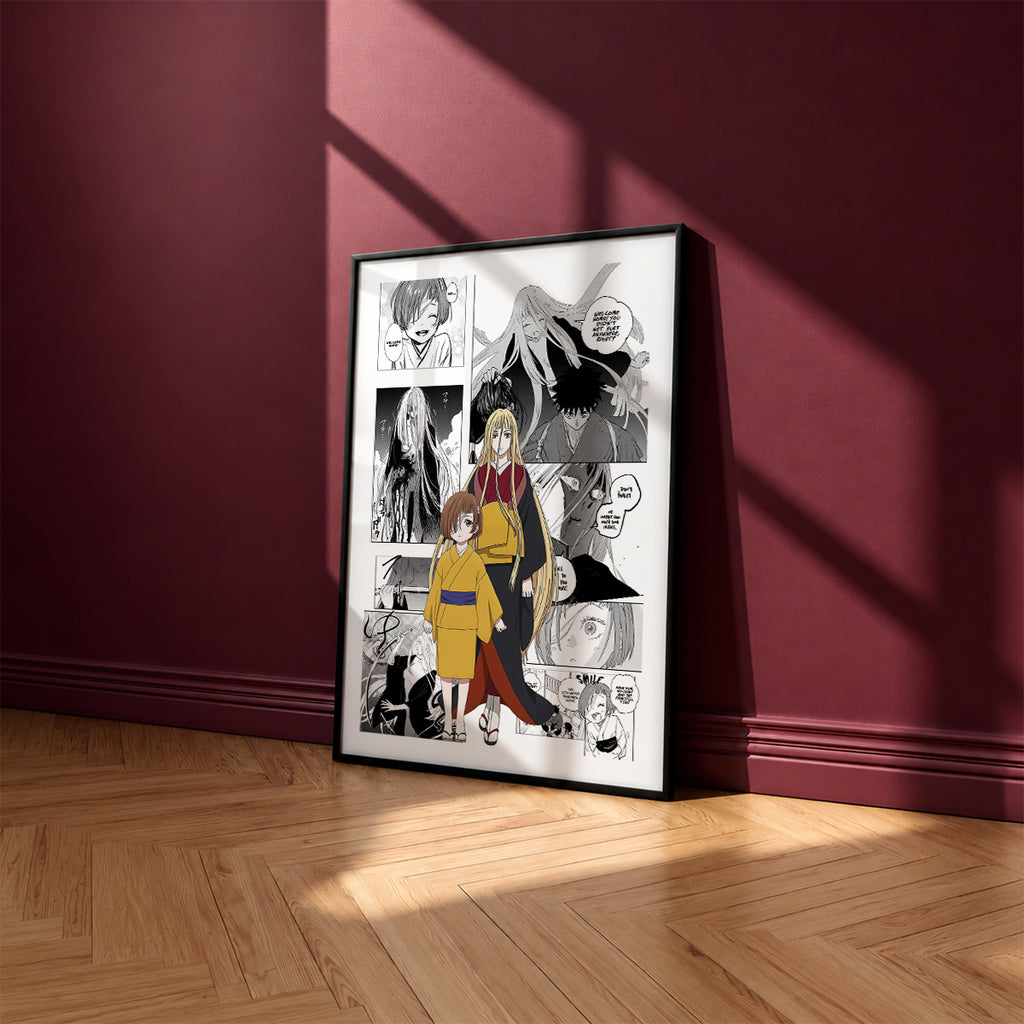 Suzune manga poster inspired by Sword of the Demon Hunter: Kijin Gentosho in a black frame against a burgundy wall
