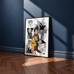 Suzune manga poster inspired by Sword of the Demon Hunter: Kijin Gentosho in a black frame against a navy blue wall
