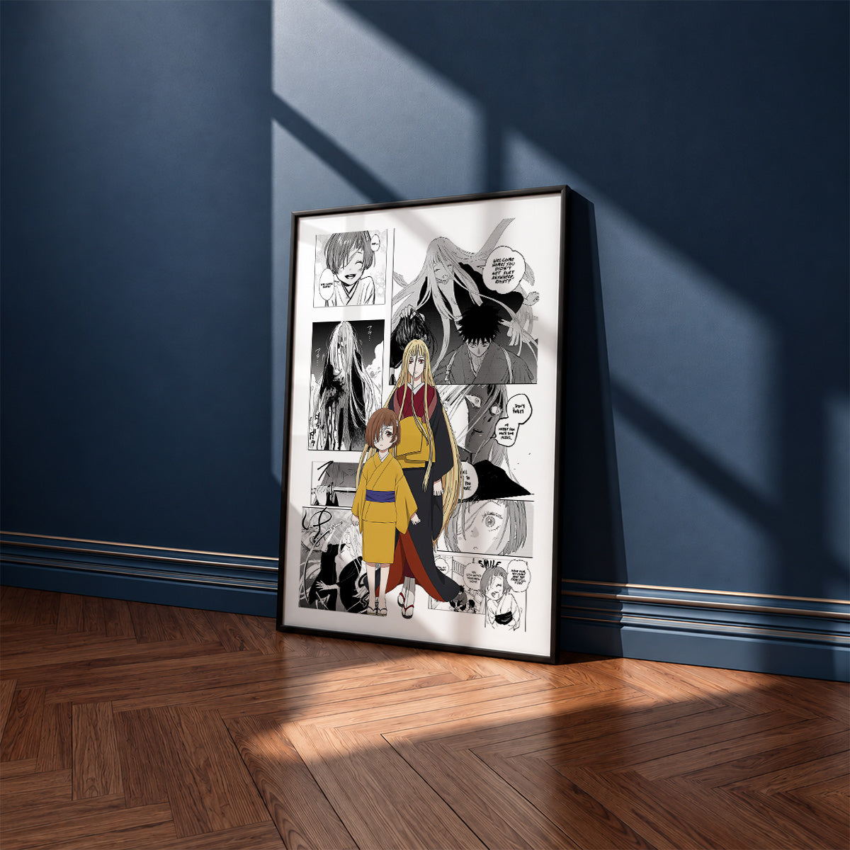 Suzune manga poster inspired by Sword of the Demon Hunter: Kijin Gentosho in a black frame against a navy blue wall